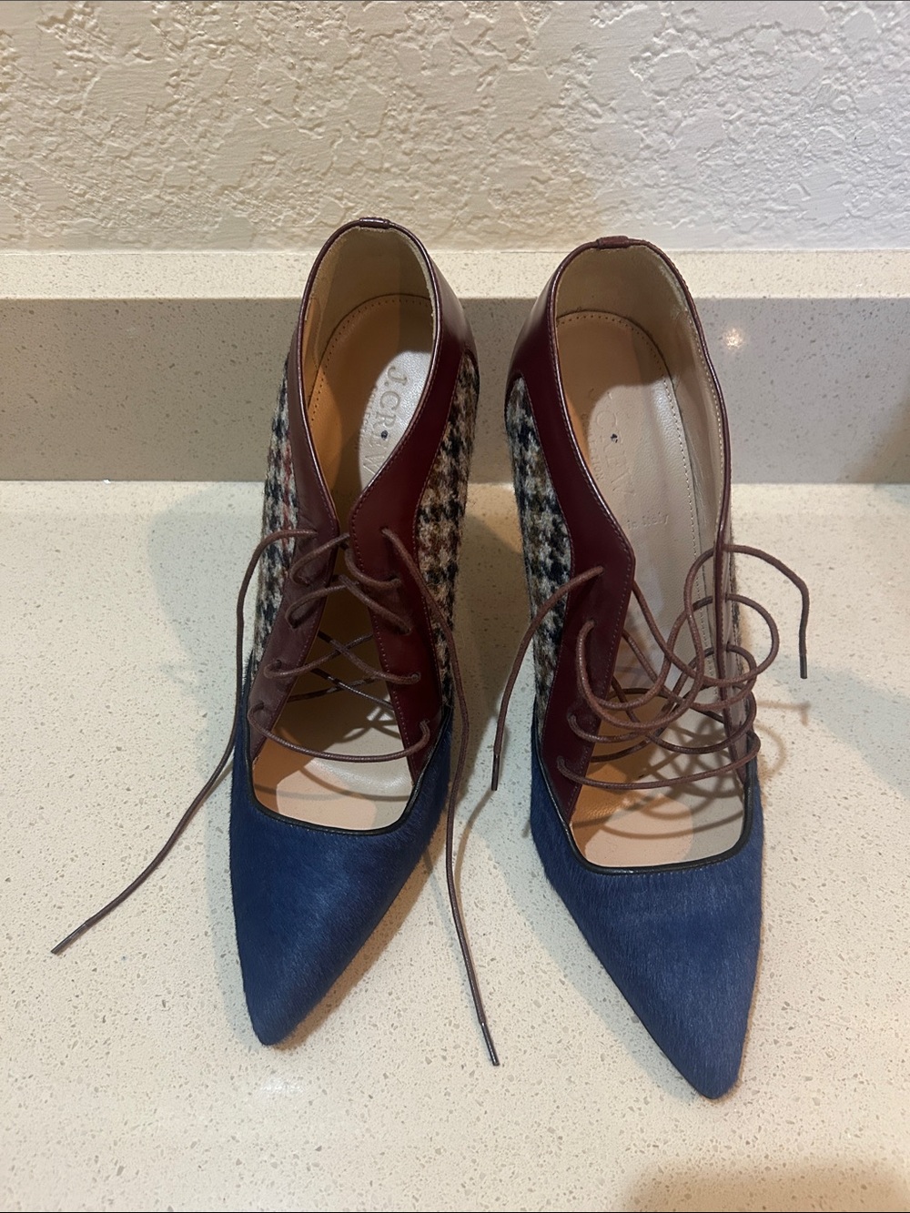 J. Crew Navy and Burgundy Pointed Lace-Up Heels with Houndstooth